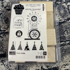 Stampin Up PARTY HEARTY Rubber Stamp Set B-Day Hat Border Cupcake 111532